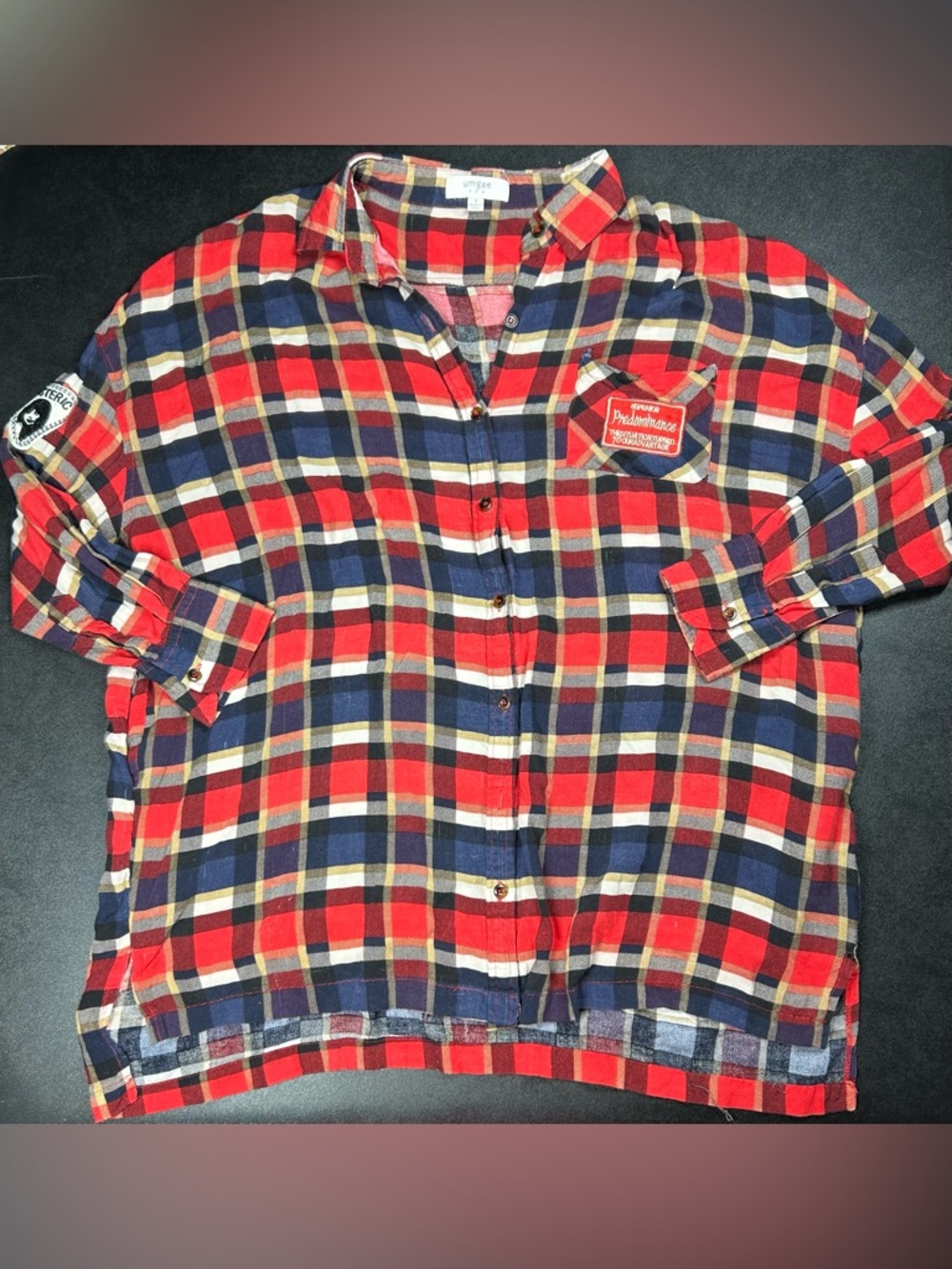 Umgee USA Size S Oversized Red Blue Plaid Patches Button Down Blouse Shirt